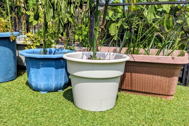 人工芝の上に植木鉢を置く